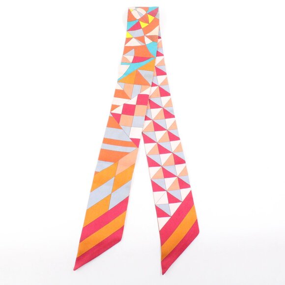 Pre-Owned Hermes Psyche Geometry 100% Silk Twilly Scarf in Orange Multicolor - Picture 3 of 12